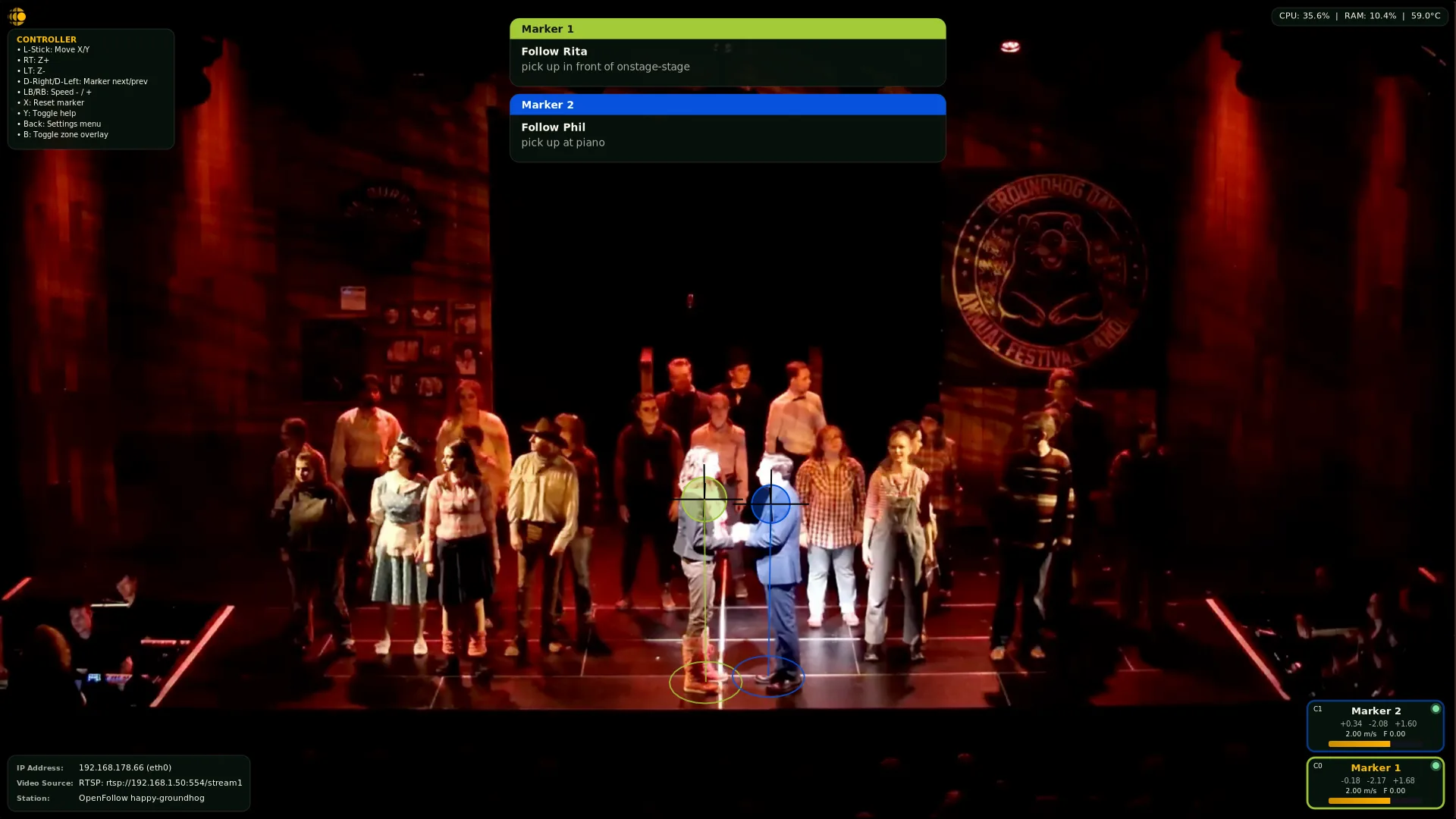 OpenFollow Operator Screen tracking a performer on a live stage, with marker cards and follow-cue messages overlaid on the camera feed.